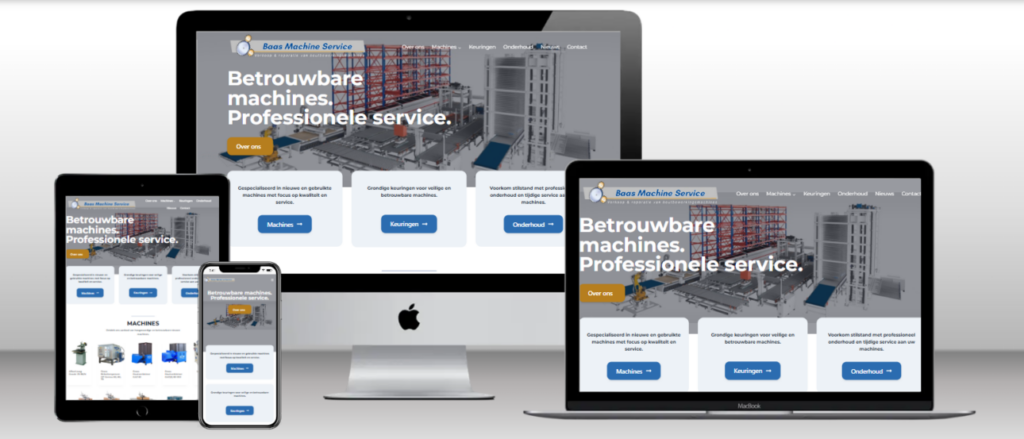 Website van Baas Machine Service op laptop, tablet en telefoon