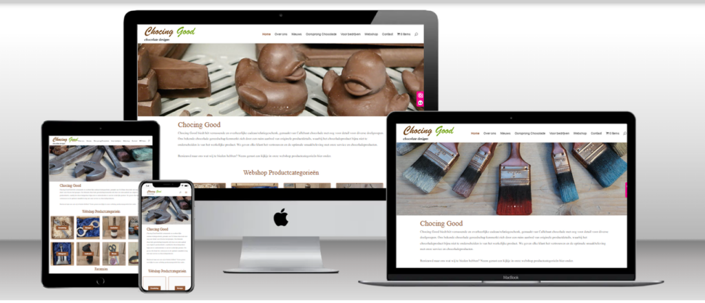 Website van Chocing Good op laptop, tablet en telefoon