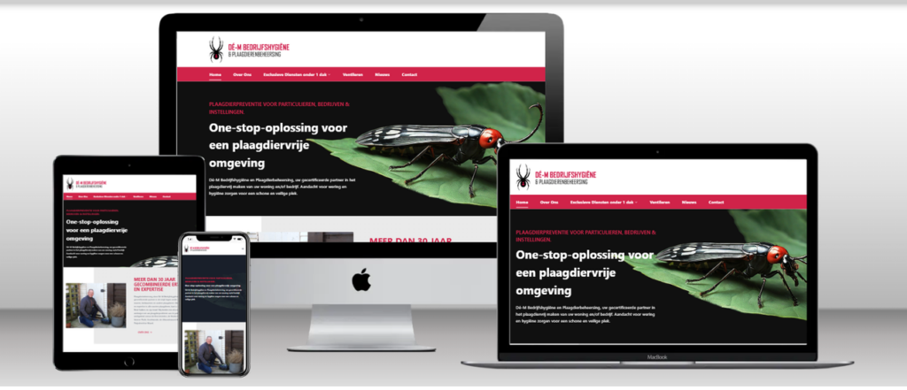 Website van Dé-M Bedrijfshygiëne en Plaagdierenbeheersing op laptop, tablet en telefoon