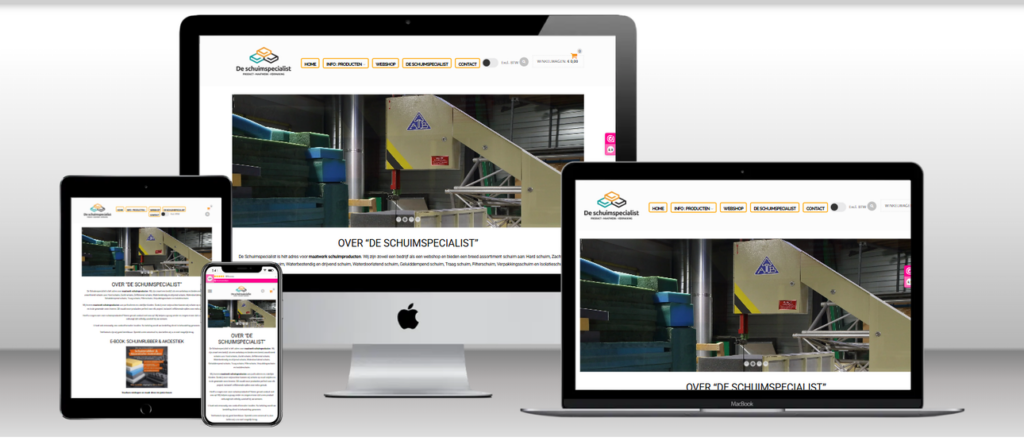 Website van De Schuimspecialist op laptop, tablet en telefoon