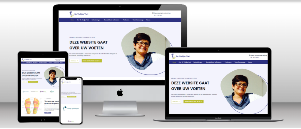 Website van De Vrolijke Voet op laptop, tablet en telefoon