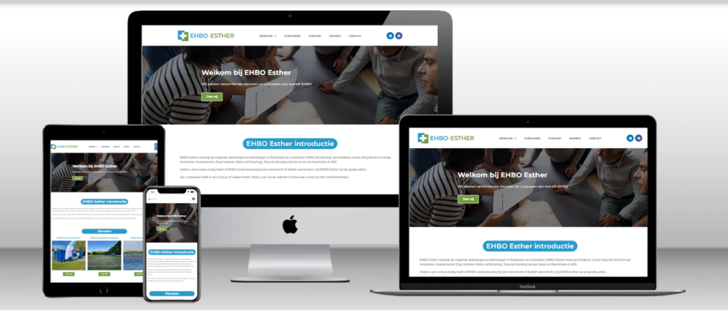 Website van EHBO Esther op laptop, tablet en telefoon