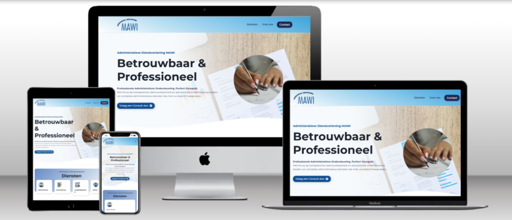 Website van Mawi Administratie op laptop, tablet en telefoon