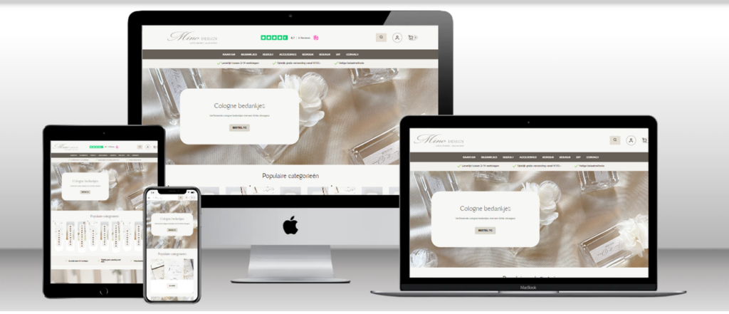 Webshop van Mino Design op laptop, tablet en telefoon