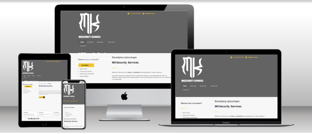 Website van MKSecurity Services op laptop, tablet en telefoon