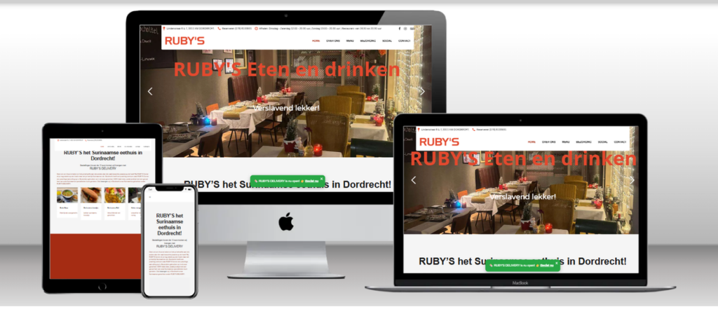 Website van Ruby's Eten en Drinken op laptop, tablet en telefoon