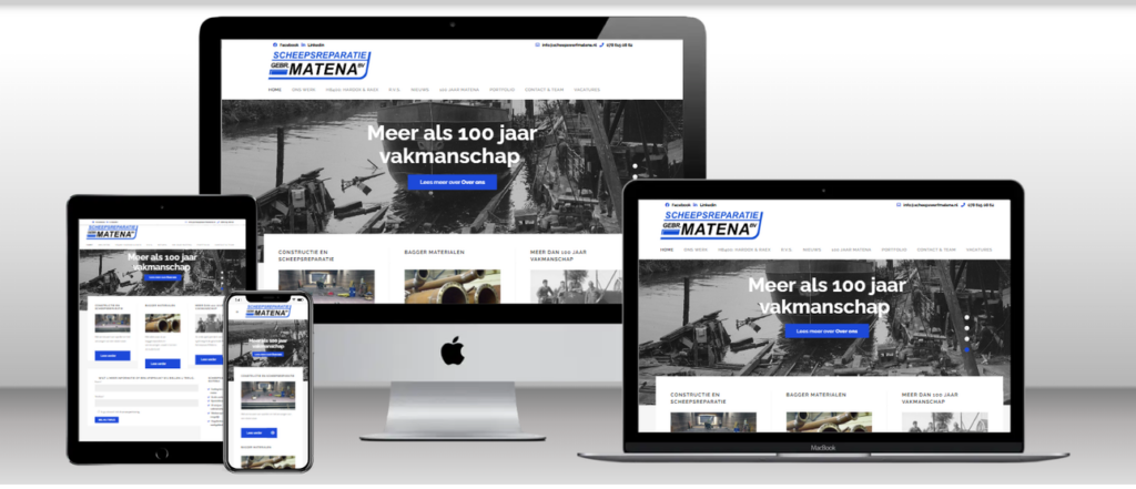Website van Scheepswerf Matena op laptop, tablet en telefoon