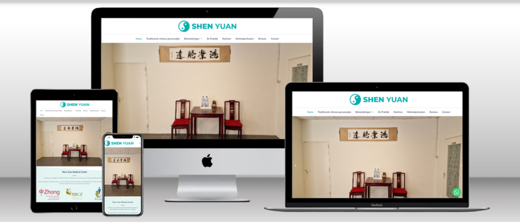 Website van Shen Yuan op laptop, tablet en telefoon
