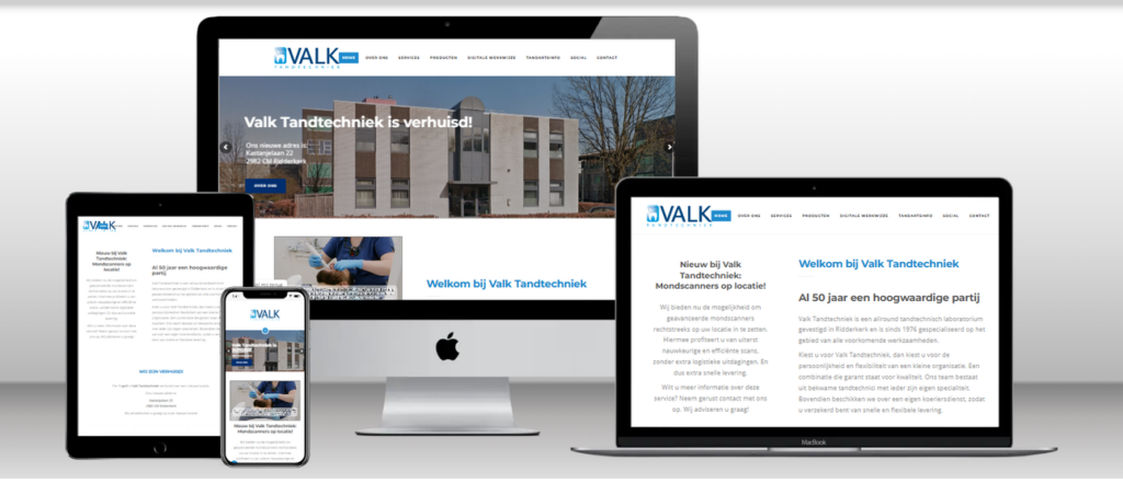 Website van Valk Tandtechniek op laptop, tablet en telefoon