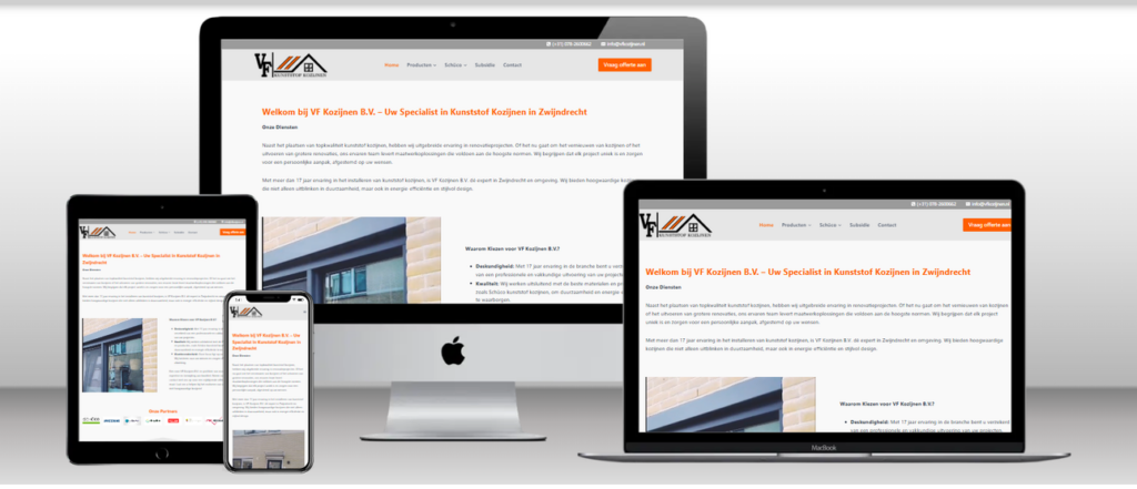 Website van VF Kozijnen B.V. op laptop, tablet en telefoon