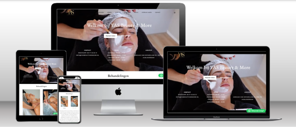 Website van YAS Beauty & More op laptop, tablet en telefoon